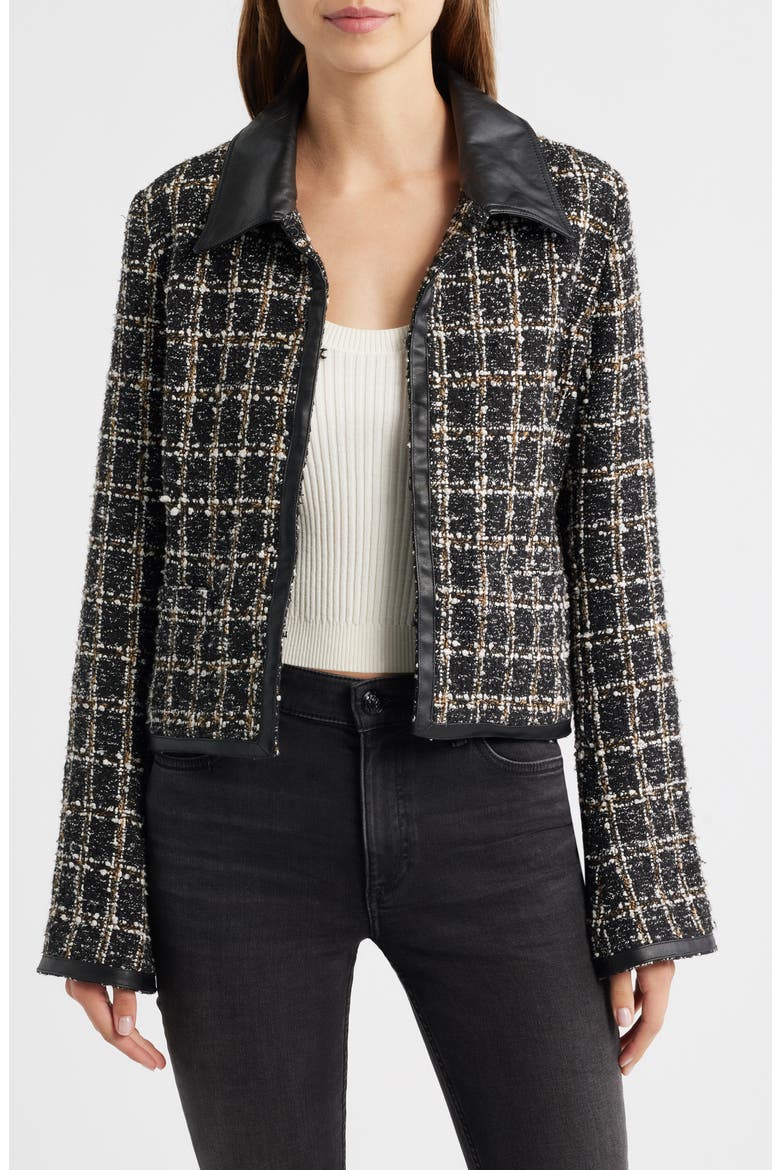 Eloise Faux Leather Trim Tweed Jacket, Main, color, BLACK PLAID