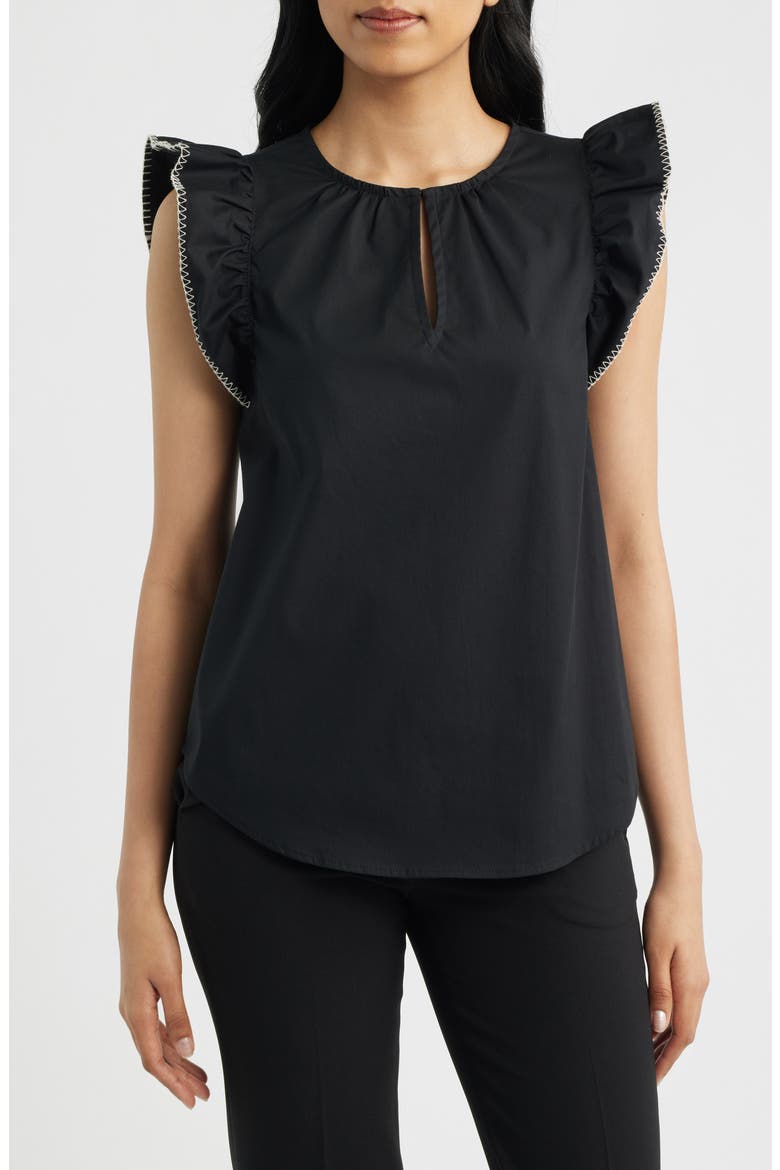 Blanket Stitch Flutter Sleeve Cotton Blend Top, Main, color, ANNE BLACK