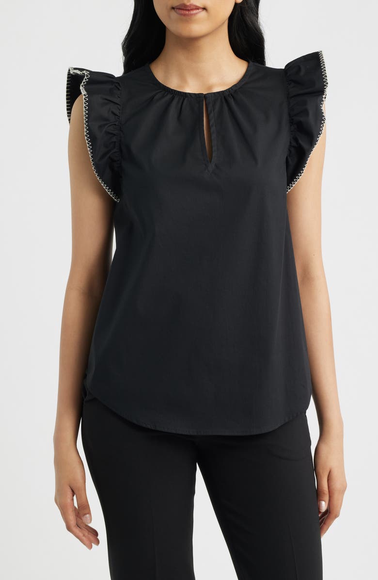 Anne Klein Blanket Stitch Flutter Sleeve Cotton Blend Top, Main, color, Anne Black