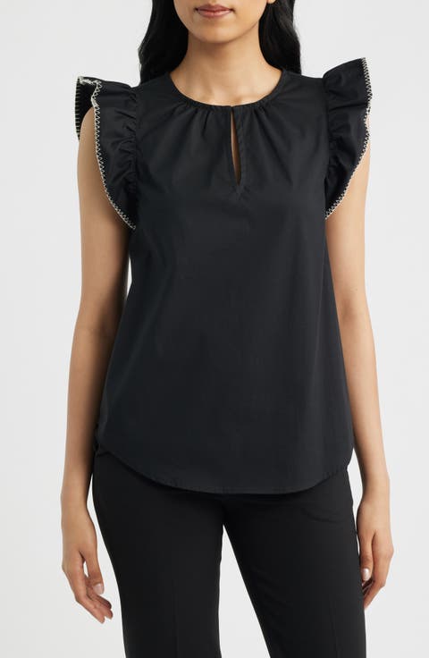Blanket Stitch Flutter Sleeve Cotton Blend Top