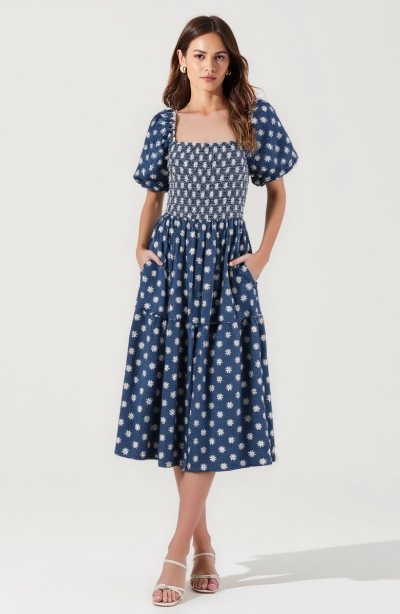Modenaire Smocked Puff-Sleeve Midi Dress with Tiered Skirt and Pockets, Main, color, Blue / White Floral