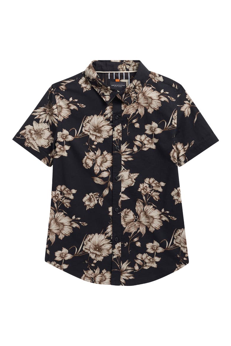 Kids' Floral Short Sleeve Poplin Button-Up Shirt, Main, color, BLACK