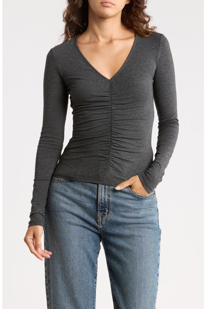 Shirred V-Neck Long Sleeve Top, Main, color, HEATHER CHARCOAL