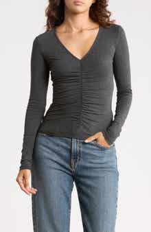 Shirred V-Neck Long Sleeve Top
