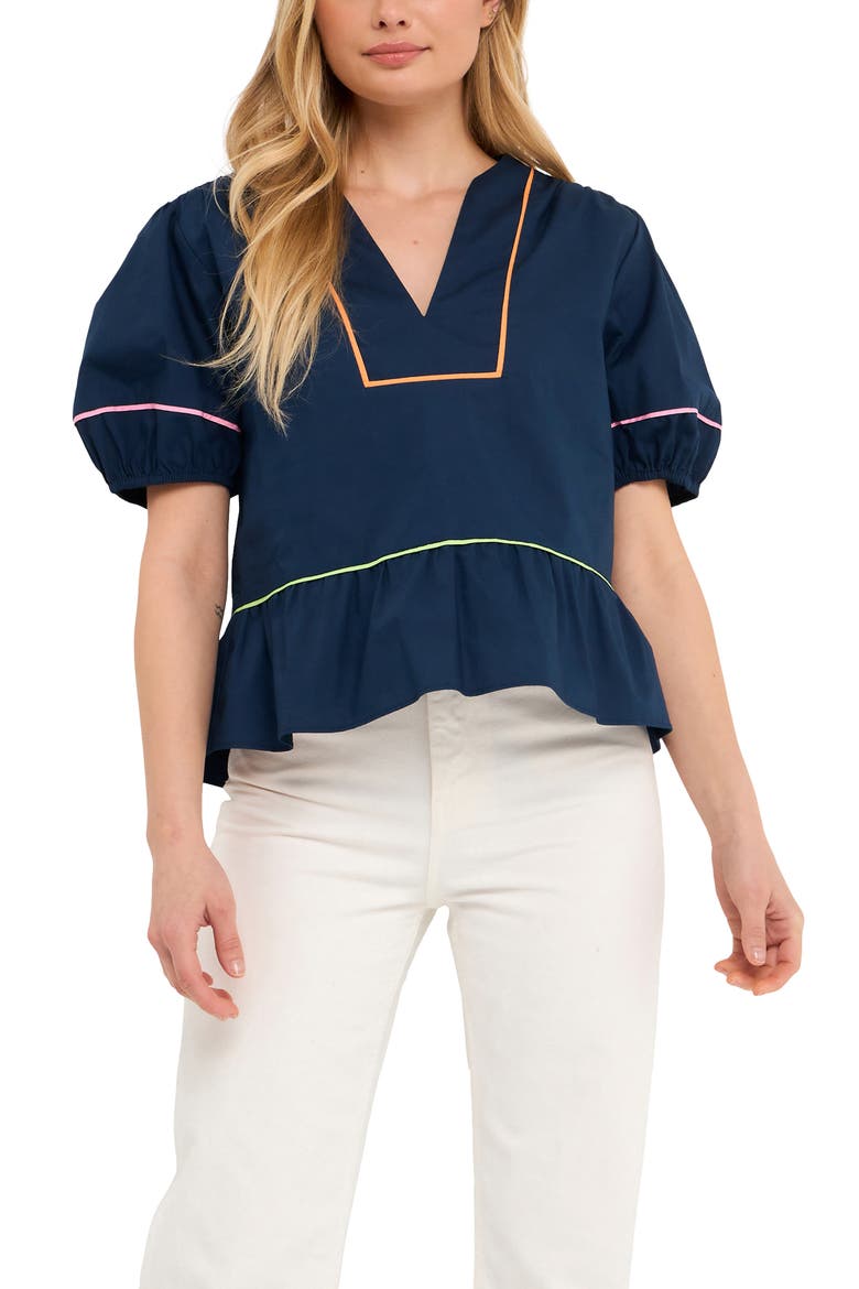 Piping Detail Puff Sleeve Top, Alternate, color, NAVY