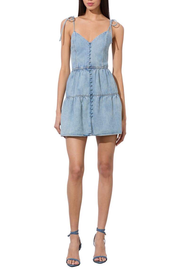 Shanti Button Front Tiered Denim Minidress, Main, color, AMELIA BLUE