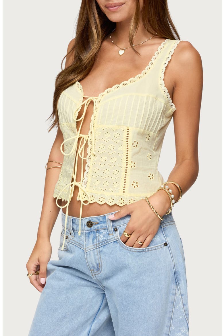 Fiore Eyelet Tie Front Tank, Alternate, color, YELLOW