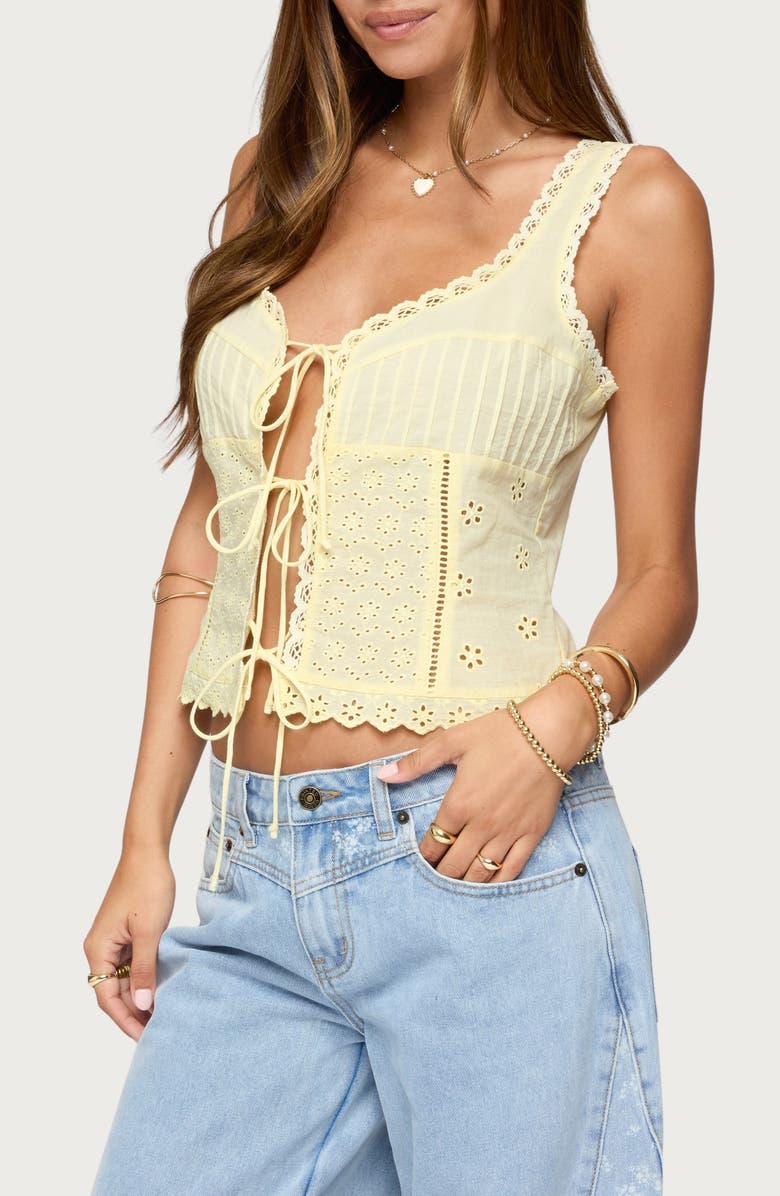 EDIKTED Fiore Eyelet Tie Front Tank, Alternate, color, Yellow