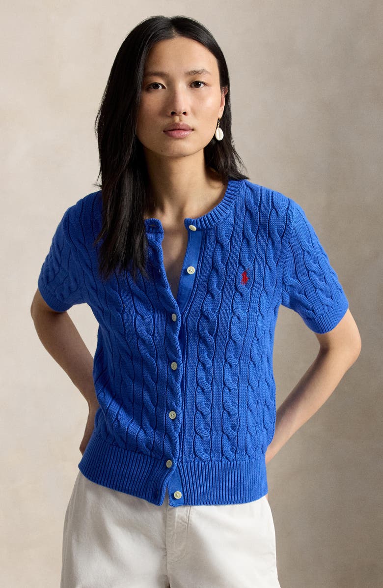 Polo Ralph Lauren Short Sleeve Cable Stitch Cardigan, Alternate, color, Gala Blue