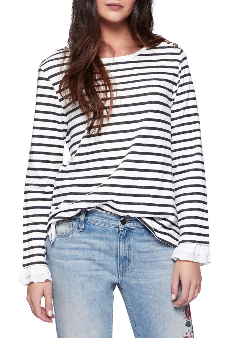 Ruffle Cuff Stripe Knit Top, Main, color, BLACK/ MILK