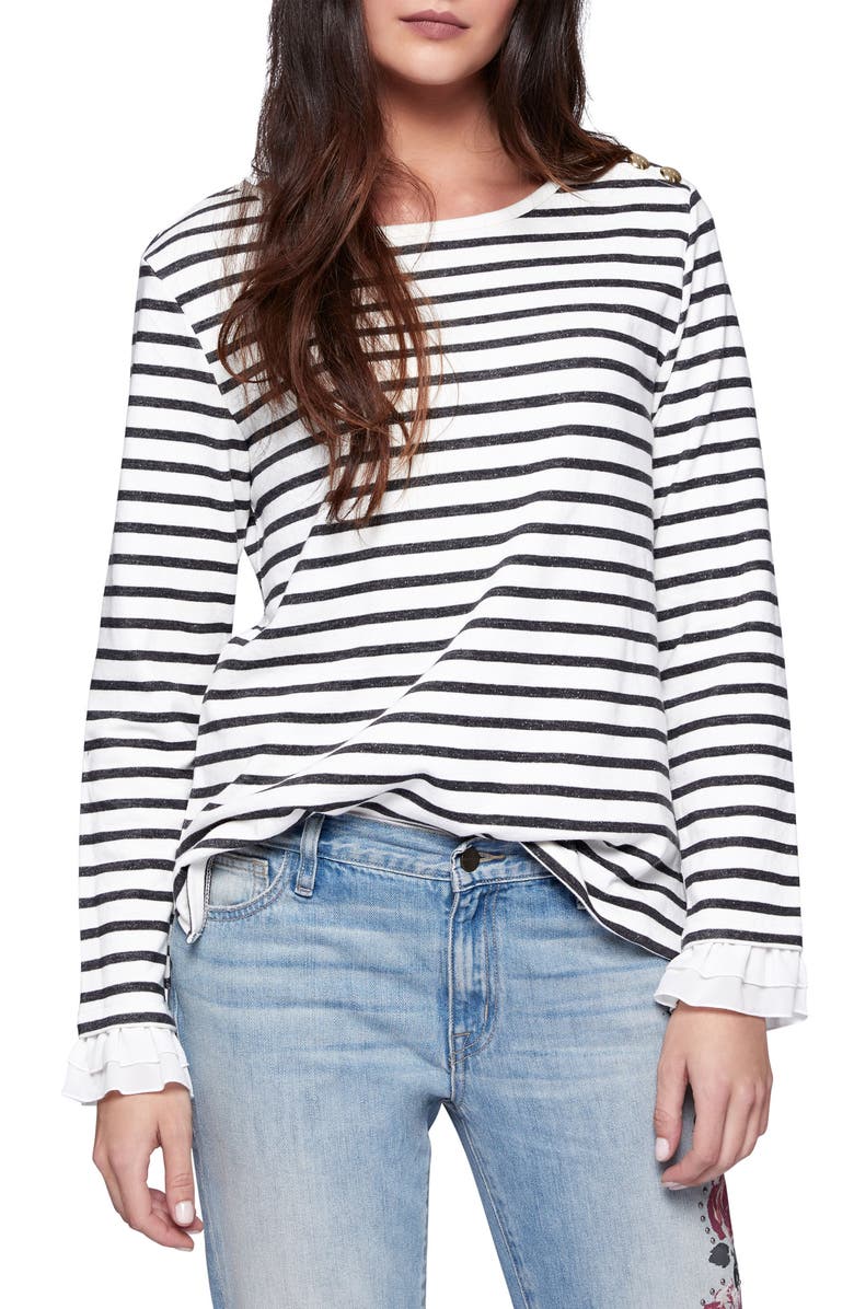 Sanctuary Ruffle Cuff Stripe Knit Top, Main, color,