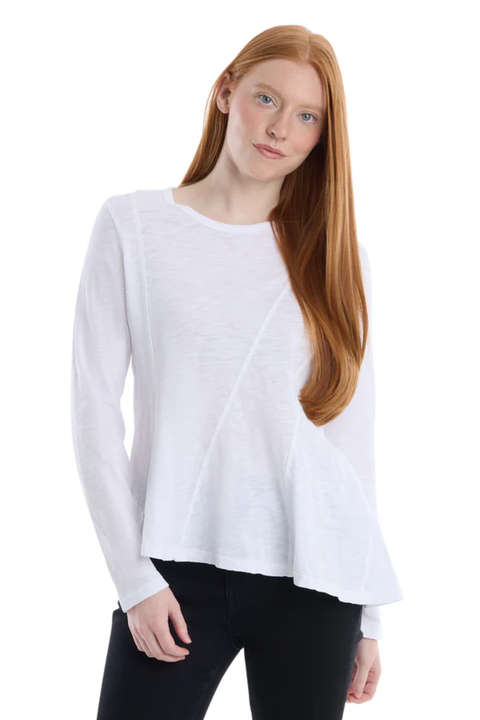 Round Neck Long Sleeve Tee with Asymmetric Hem & Body Seams