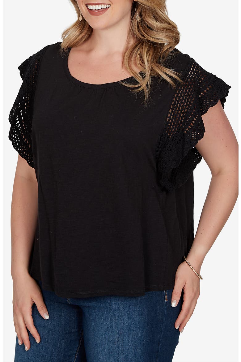 Cotton Slub T-Shirt with Crochet Sleeves, Main, color, BLACK