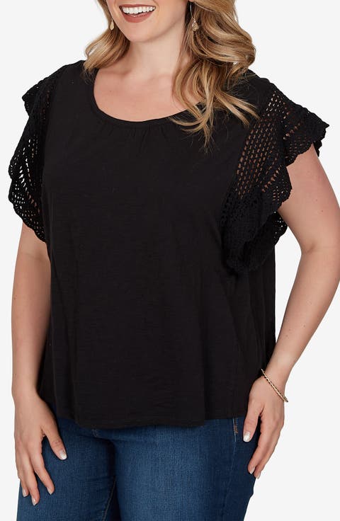 Cotton Slub T-Shirt with Crochet Sleeves