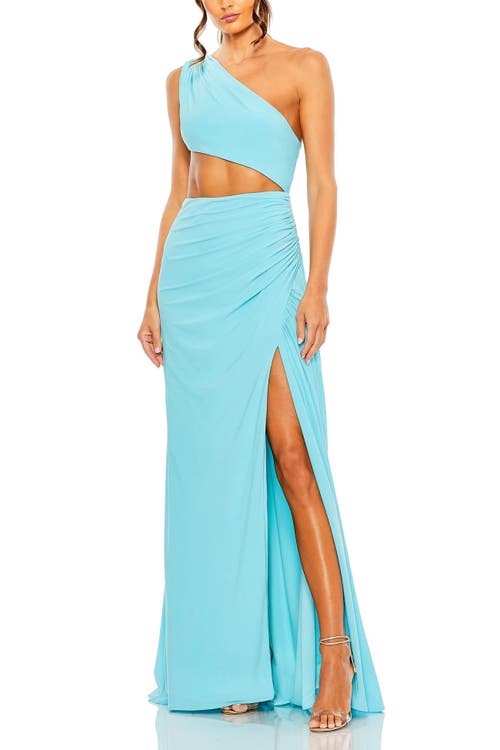 Mac Duggal Cut Out One Shoulder Ruched Back Gown In Powder Blue