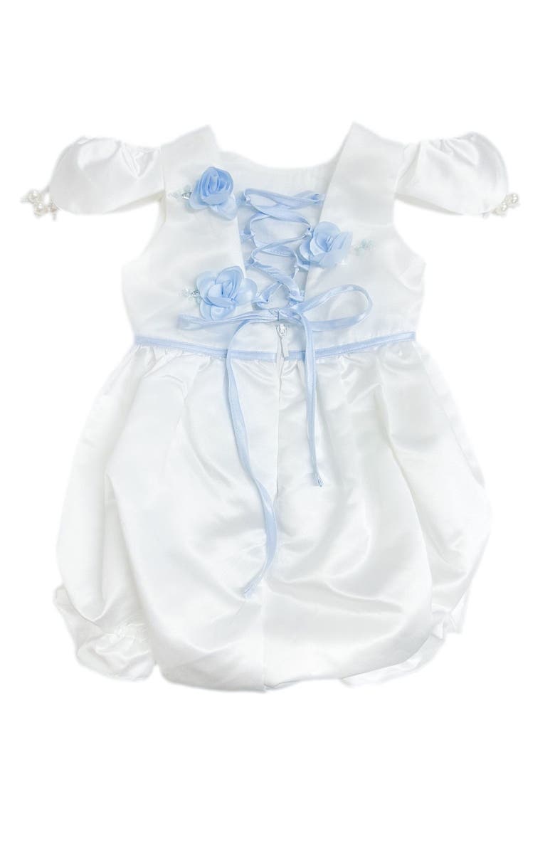 Petite Maison Kids Daphne Satin Romper with Blue Embroidery, Alternate, color, White And Baby Blue