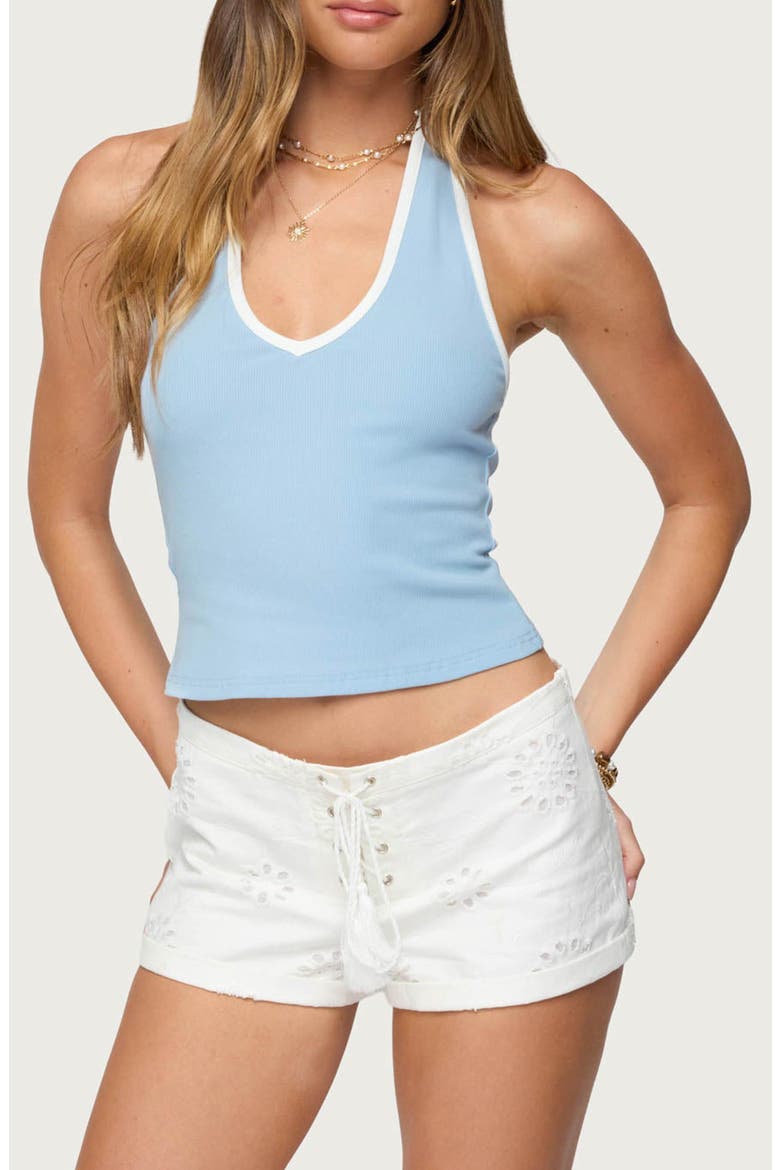 Contrast Binding Halter Crop Rib Top, Main, color, LIGHT-BLUE