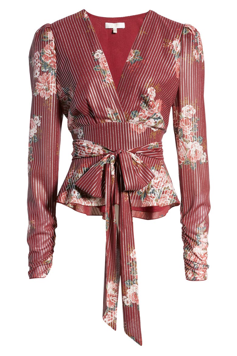 Montauk Floral Metallic Stripe Tie Waist Blouse, Alternate, color, BURGUNDY FLORAL