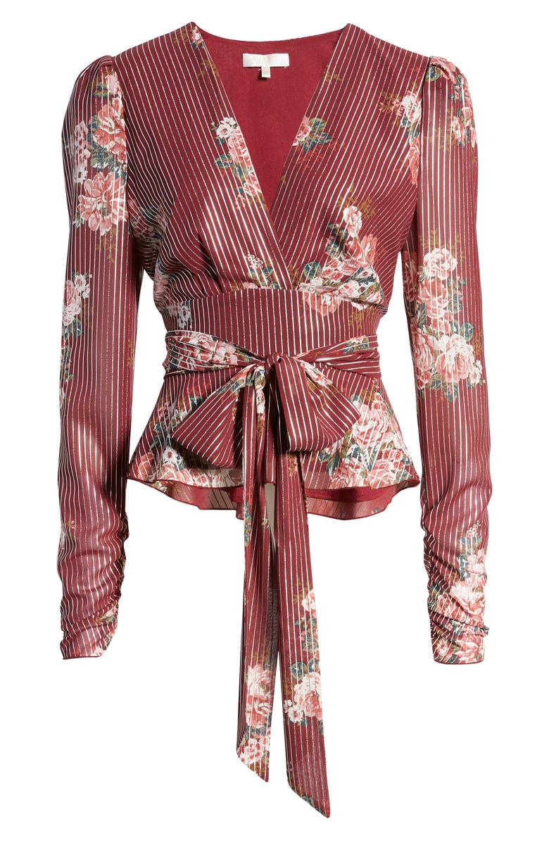 WAYF Montauk Floral Metallic Stripe Tie Waist Blouse, Alternate, color, 