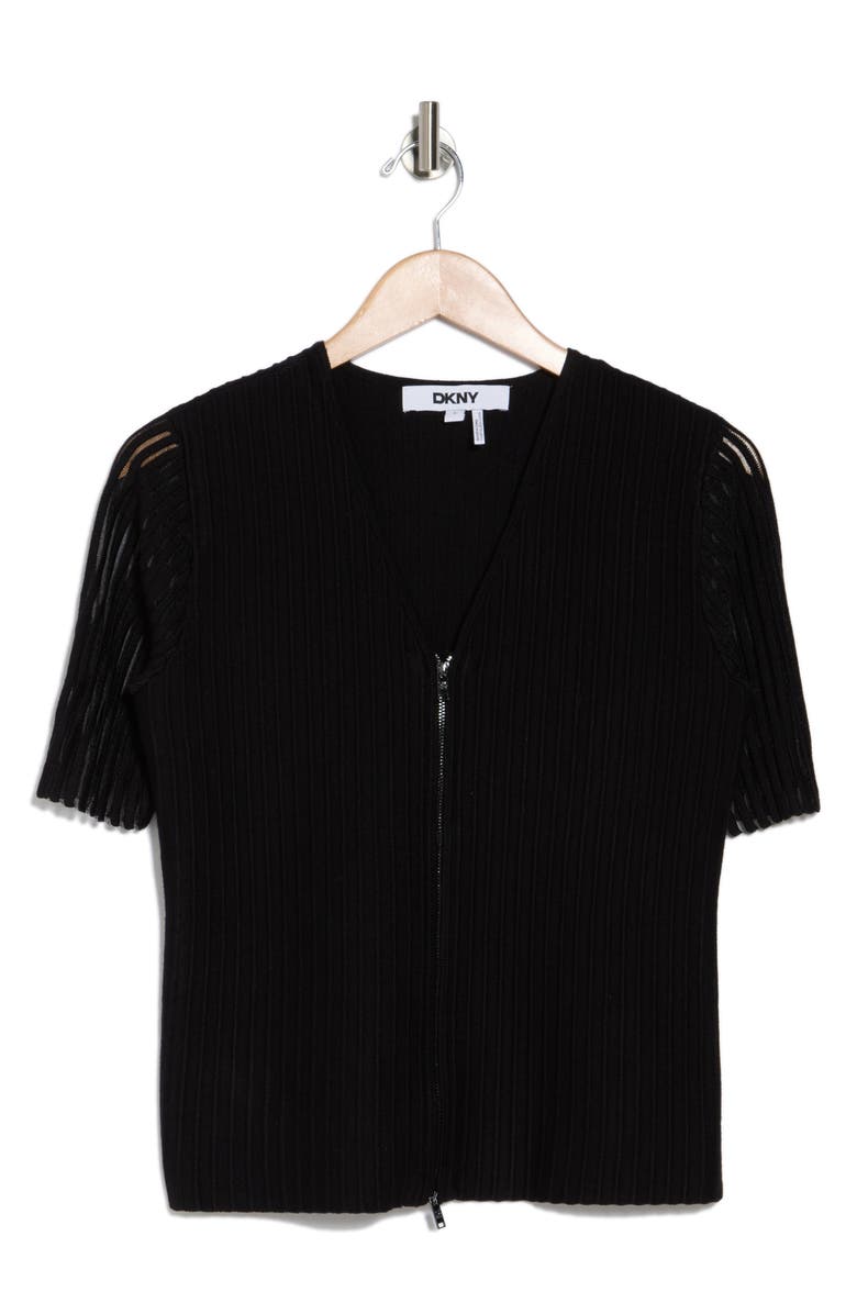 DKNY Short Sleeve Zip Front Ribbed Cardigan, Alternate, color,