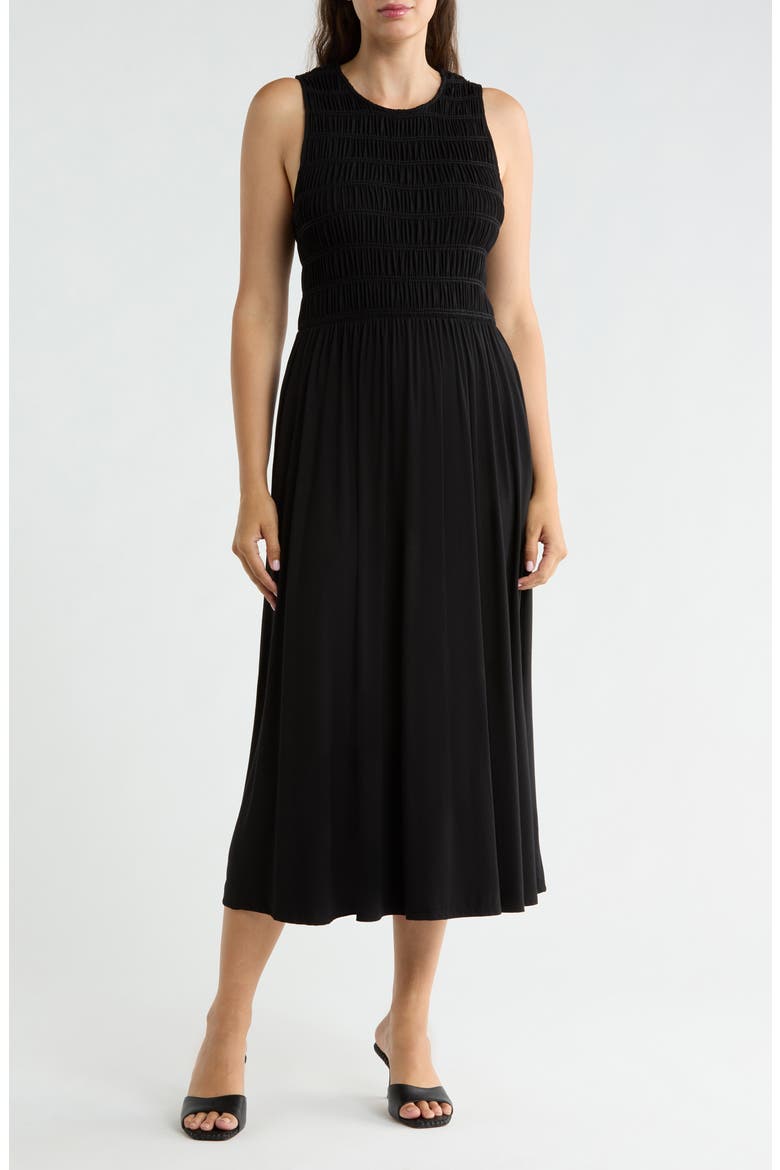 Smocked Bodice Fit & Flare Dress, Main, color, BLACK