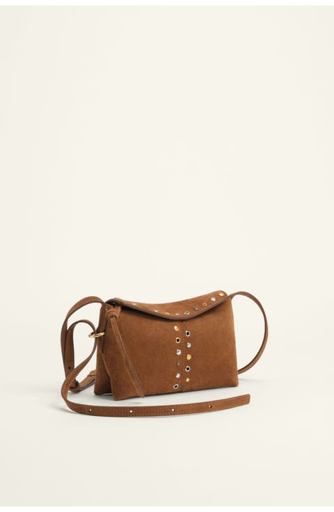 Small Suede Studded Flap Crossbody Bag