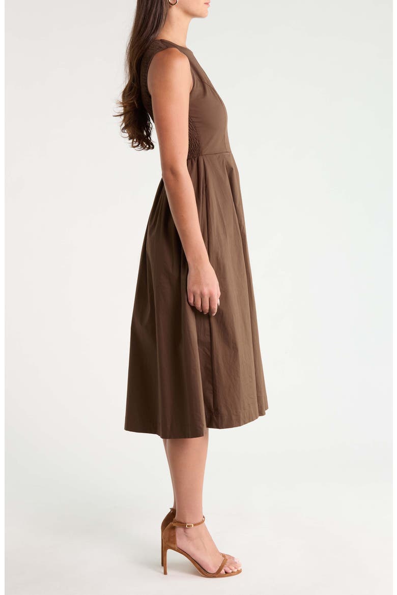 Emily Pleated Cotton Midi Dress, Alternate, color, BROWN