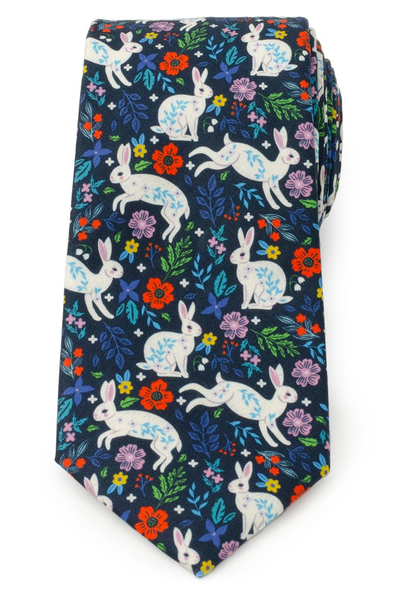 Rabbit Floral Cotton Tie, Main, color, BLACK