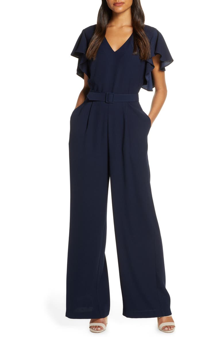 Flutter Sleeve Belted Satin Jumpsuit, Main, color, NAVY