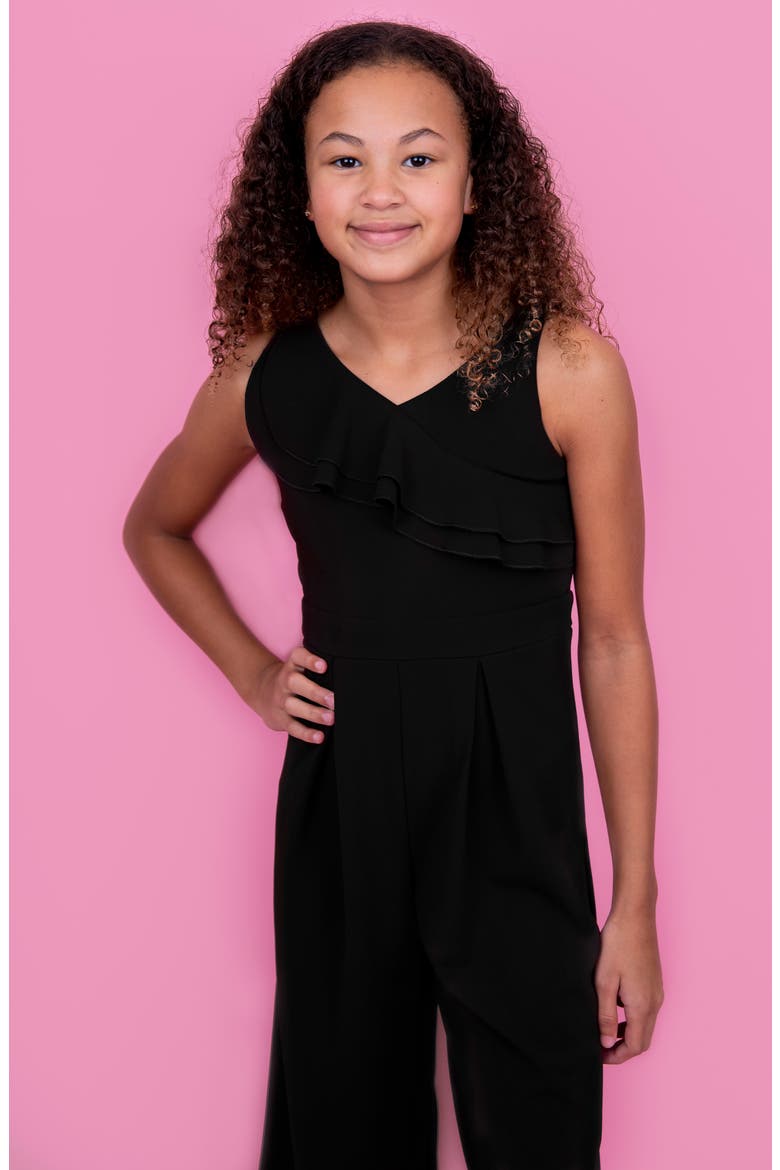 Double Ruffle Sleeveless Jumpsuit, Alternate, color, BLACK