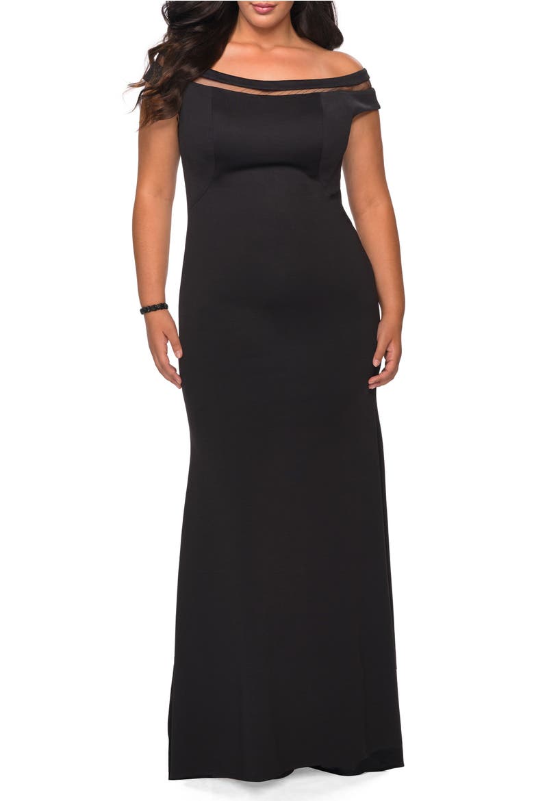 Off The Shoulder Plus Size Gown with Sheer Neckline Detail, Main, color, Black