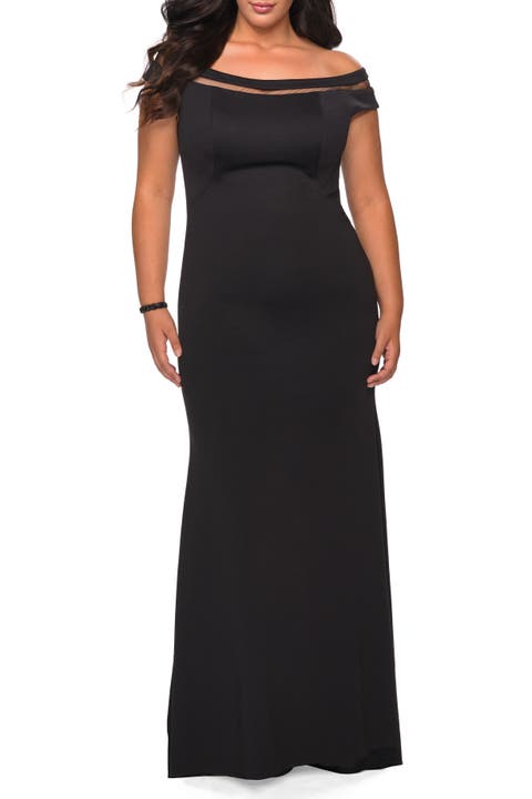 Off The Shoulder Plus Size Gown with Sheer Neckline Detail