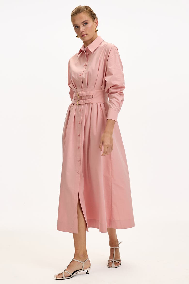 Belted Fitted Waist Midi Shirt Dress, Alternate, color, DRIED ROSE
