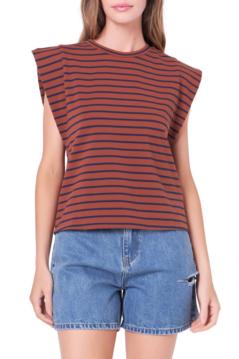 Stripe Extended Shoulder T-Shirt, Main, color, BROWN/ NAVY