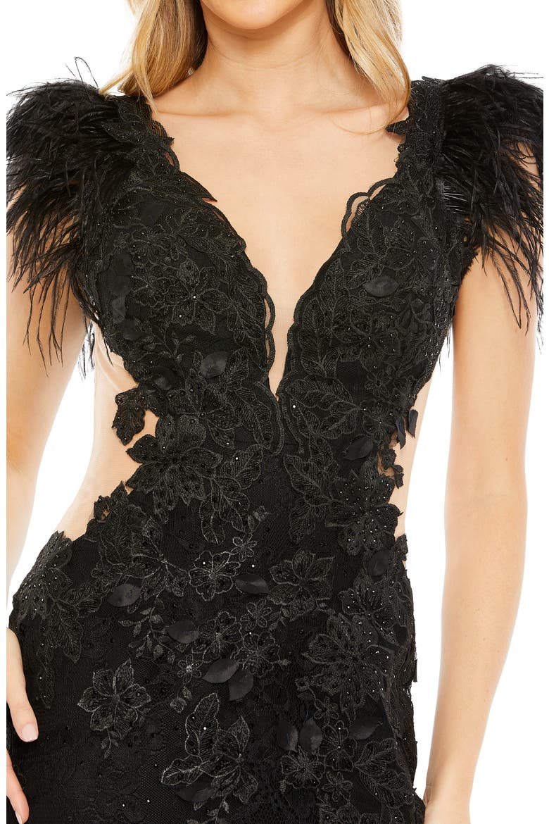 Feather Cap Sleeve Lace Gown, Alternate, color, BLACK