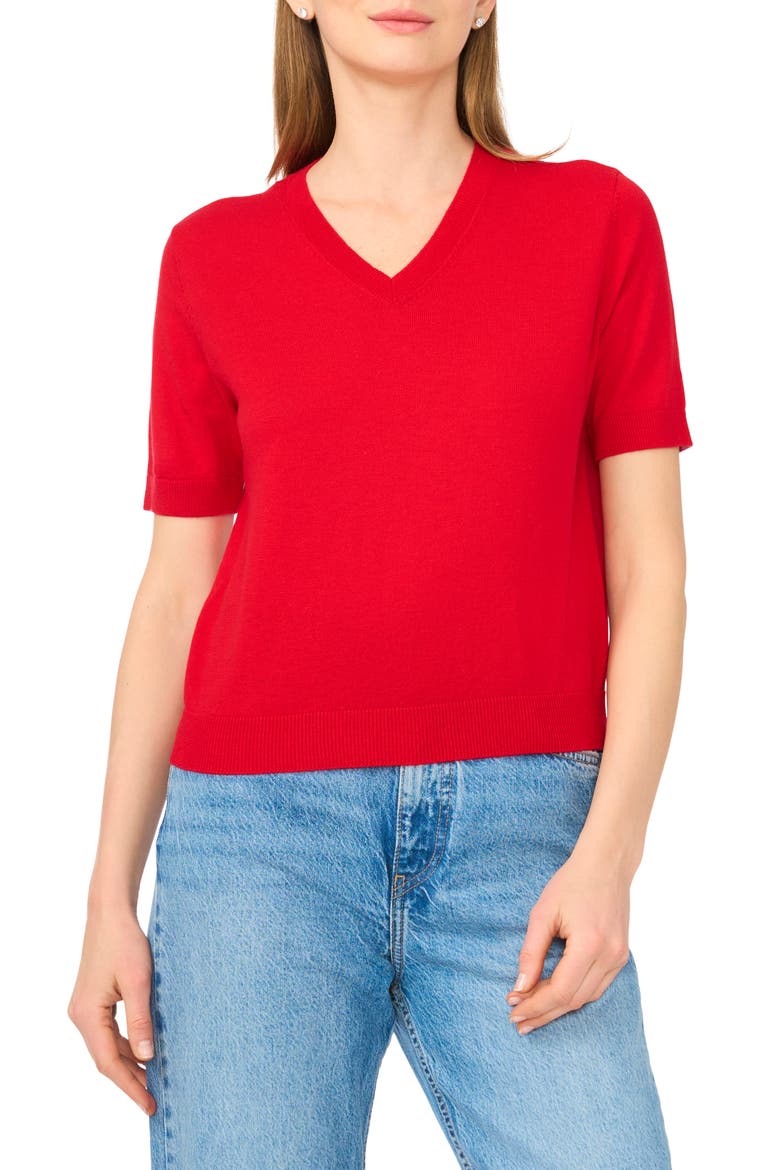 V-Neck Short Sleeve Sweater, Main, color, HOT RED