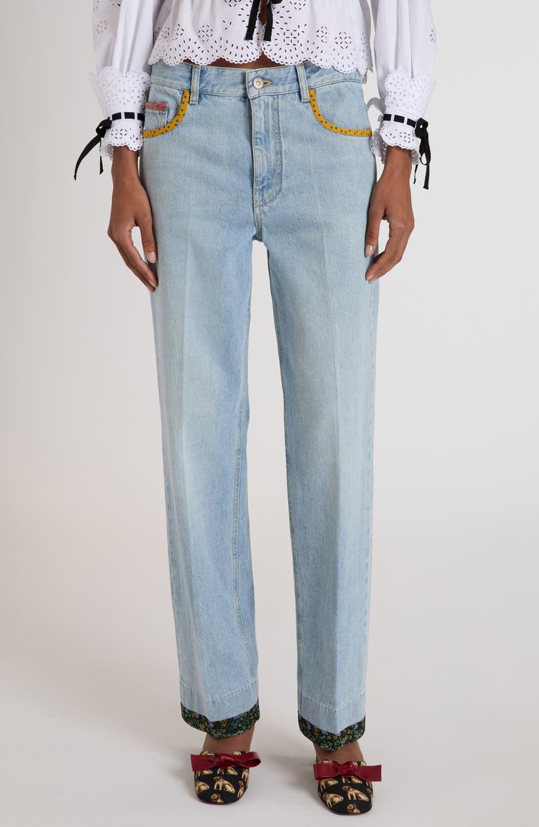 Valentino Garavani Contrast Border Straight Leg Jeans, Main, color, Denim