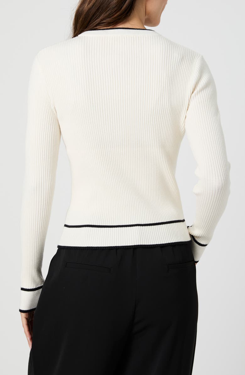 French Connection Contrast Tipped Bow Rib Cardigan, Alternate, color, Classic Cream/ Black