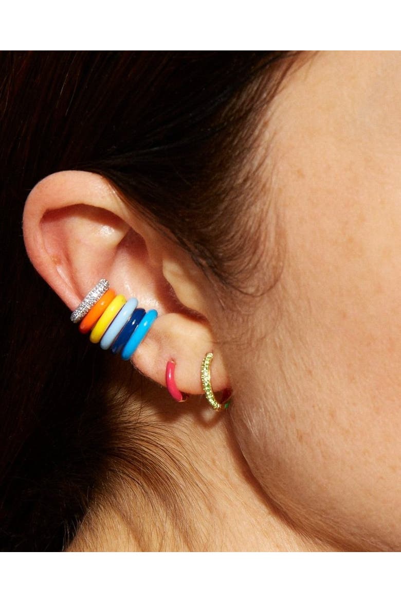 Enamel Sparkle Huggies in 14K Gold, Alternate, color, Orange Fire Opal