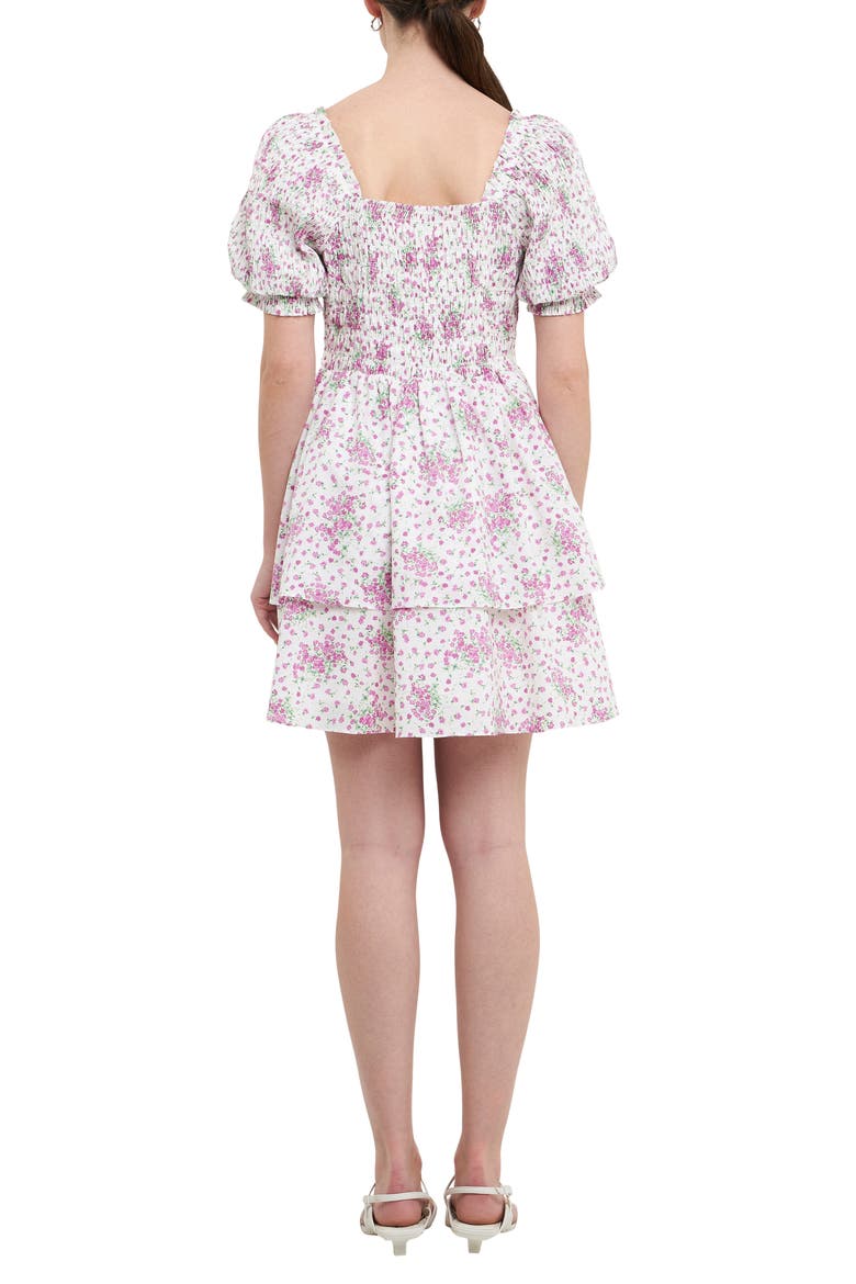 Floral Puff Sleeve Tiered Fit & Flare Minidress, Alternate, color, LILAC