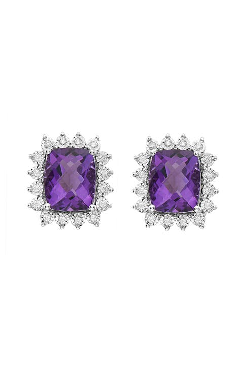 14K White Gold Royal Amethyst Halo Earrings