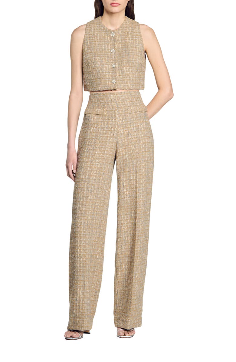 SANDRO Straight-leg tweed trousers, Alternate, color, 