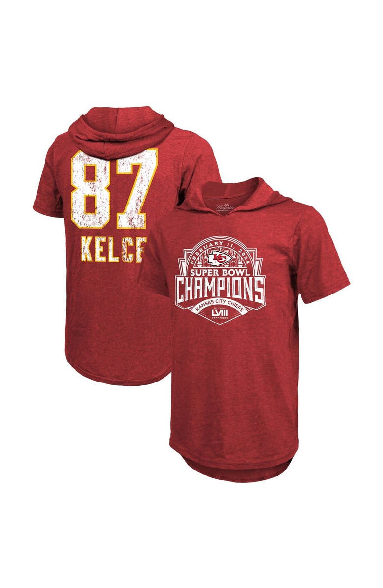 Majestic Threads Men's Majestic Threads Travis Kelce Red Kansas City Chiefs Super Bowl LVIII Player Name & Number Tri-Blend Hoodie T-Shirt, Alternate, color, 