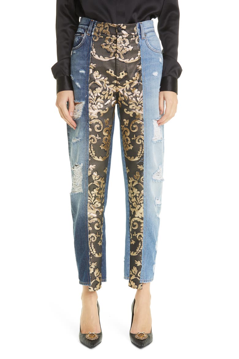 Distressed Brocade Patchwork Relaxed Crop Jeans, Main, color, MULTI