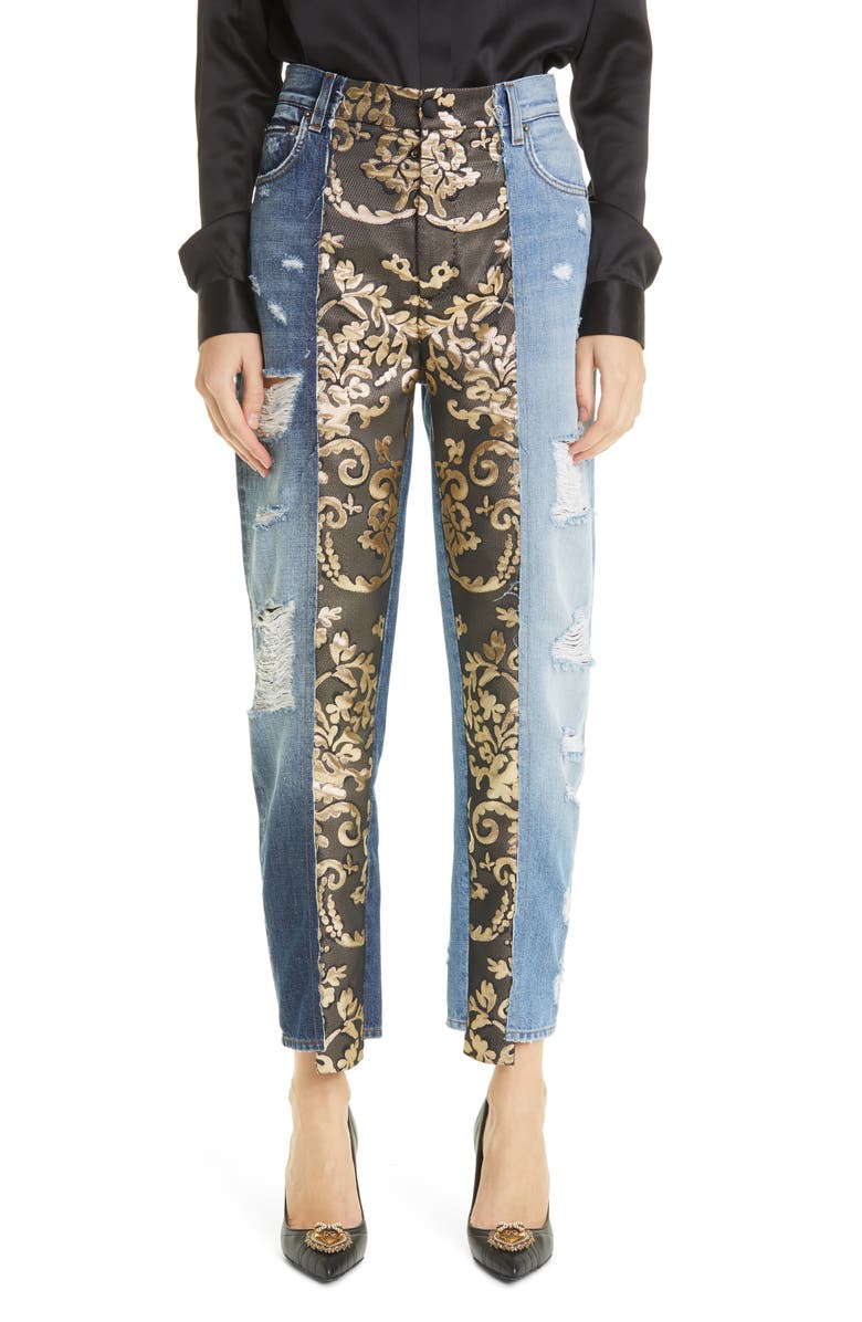 Dolce&Gabbana Distressed Brocade Patchwork Relaxed Crop Jeans, Main, color, 