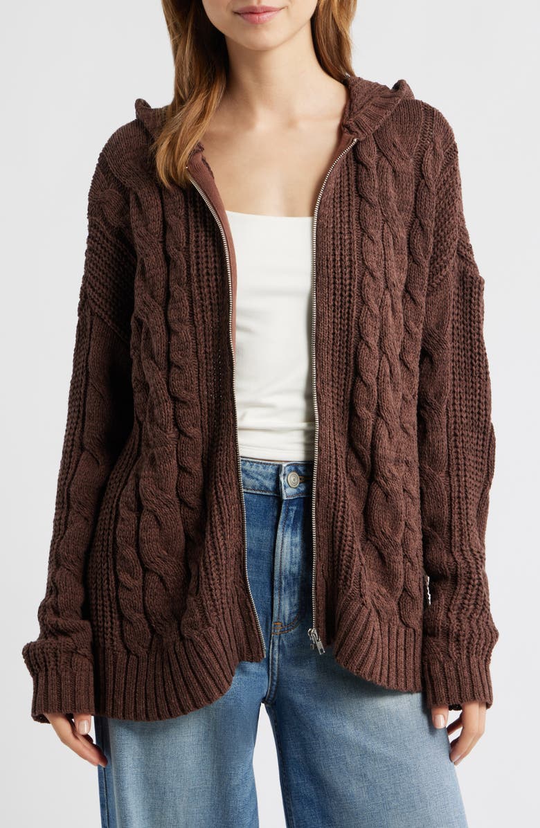 PacSun Dylan Cable Knit Zip-Up Hooded Sweater, Main, color, Brown