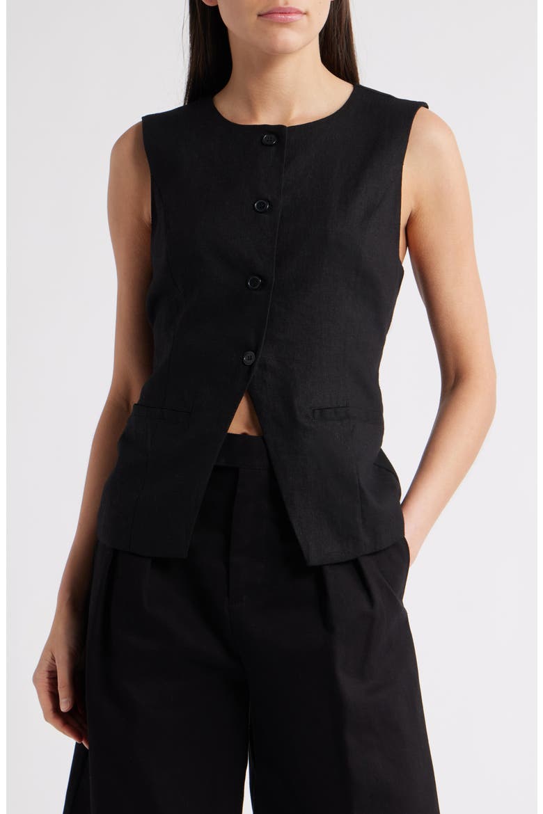 Wesley Linen Blend Button-Up Vest, Main, color, BLACK