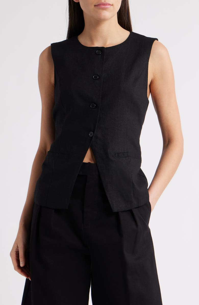 Steve Madden Wesley Linen Blend Button-Up Vest, Main, color, Black