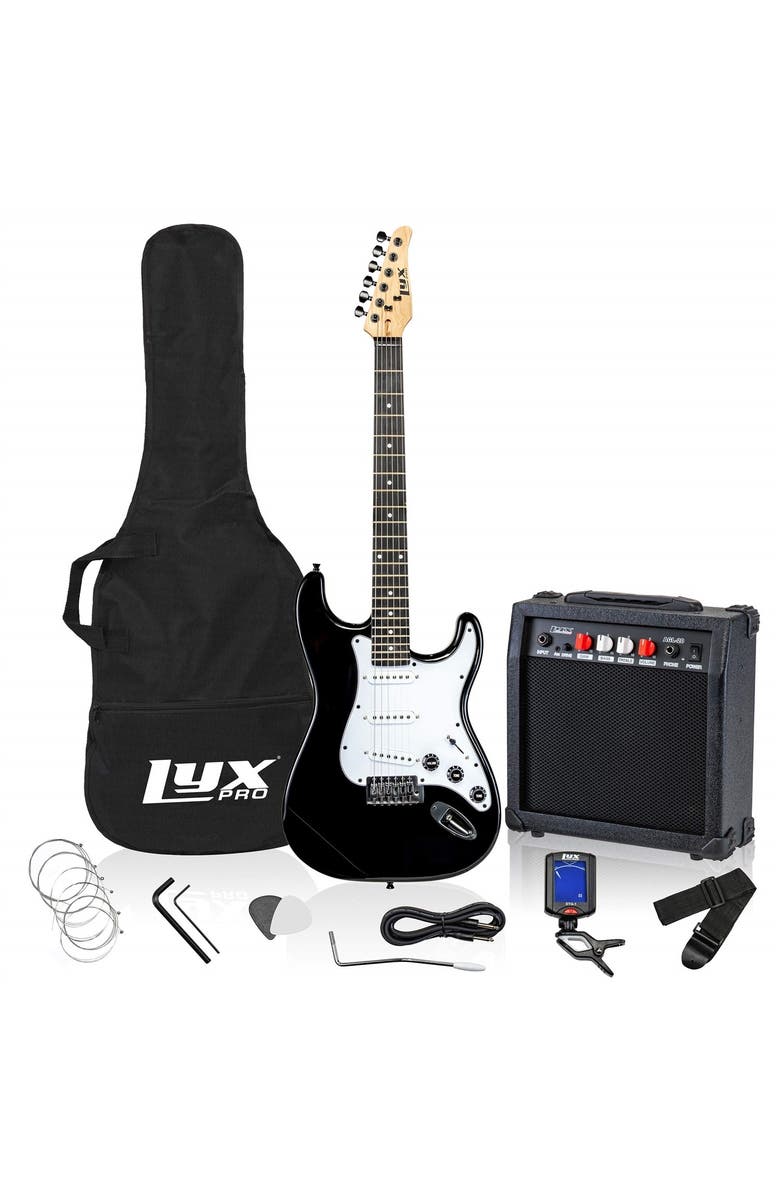 Lyxpro 39 Electric Guitar Kit Bundle w/ 20W Amp, Tuner, Strings, Picks, Strap & Case, Main, color, Black
