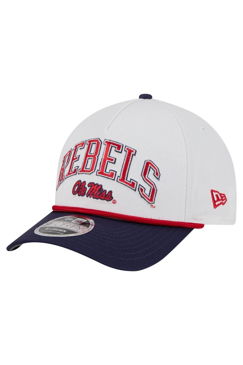 Men's New Era White/Navy Ole Miss Rebels Arch Two-Tone Rope 9FORTY A-Frame M-Crown Adjustable Hat, Main, color, White